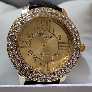 Geneva Gold Women's Watch with Black Strap